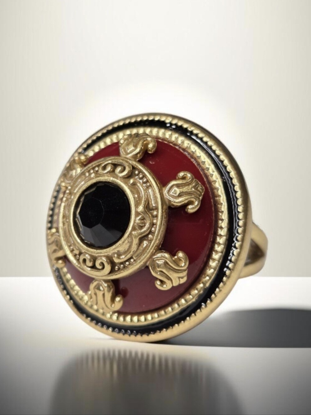 Matte Gold Plated Royal Regal Byzantine Lucite Onyx Statement Ring